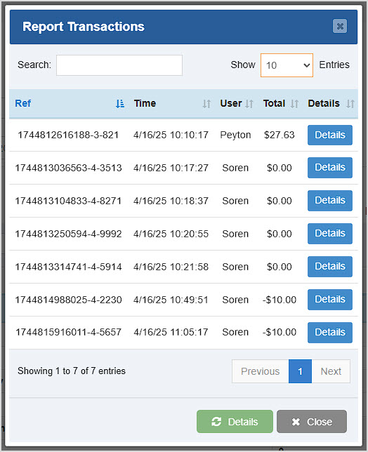 Image showing the Report Transactions window of the Bottle POS Admin Summary report.
