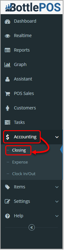 Image showing how to access your shift Closing information in your Bottle POS Admin app.