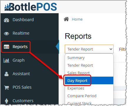Image showing how to access the Day Report in the Admin (or back office) app.