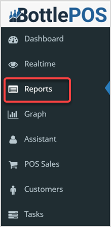 Image displaying the Bottle POS function menu, highlighting the Reports tab.