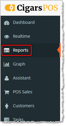 Image showing the main menu of the Cigars POS Admin app with the Reports area highlighted.