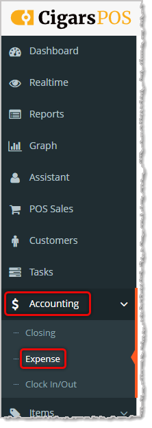 Image displaying the Accounting tab and the Expense subtab in the Cigars POS Admin main menu.
