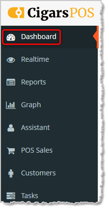 Image showing the Cigars POS Admin main menu with the Dashboard highlighted.