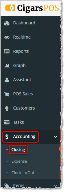 Image showing how to access your shift Closing information in your Cigars POS Admin app.