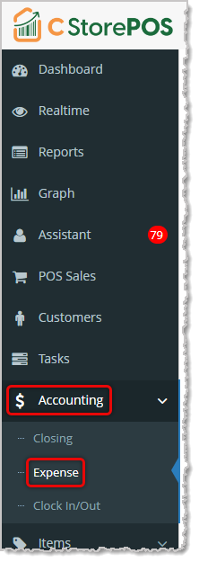 Image displaying the Accounting tab and the Expense subtab in the C-Store POS Admin main menu.