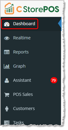 Image showing the C-Store POS Admin main menu with the Dashboard highlighted.