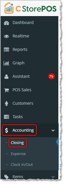 Image showing how to access your shift Closing information in your C-Store POS Admin app.