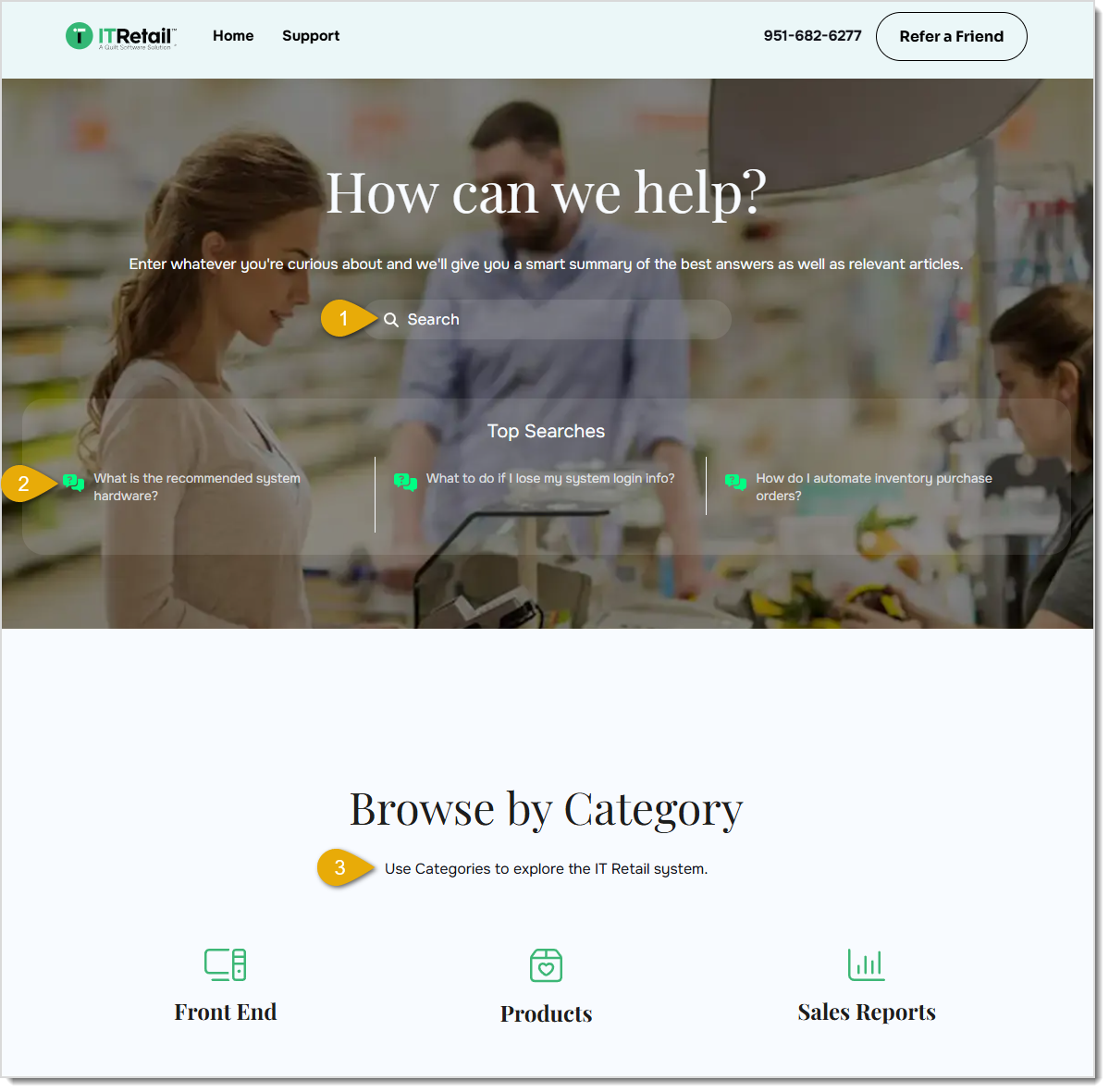 Image of the Knowledge Base Home page. The Search bar, Top Searches section, and Browse by Category section are pointed out by numbers 1-3, respectively.