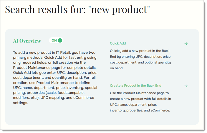 Image of an AI search result in the Bottle POS Knowledge Base. An AI search overview explains how to add a new product.