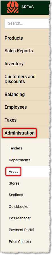 Image showing the Areas link in the Administration menu of the system's back end.
