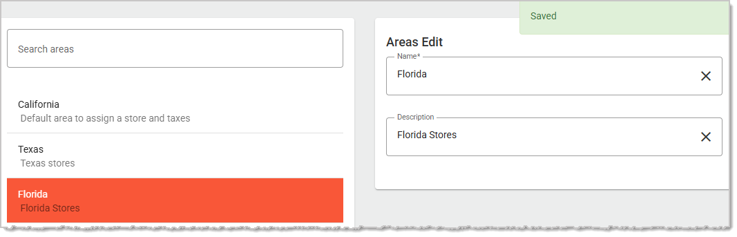 Image showing the the successful save of a new Area on the Areas page in the Administration menu of the system's back end.