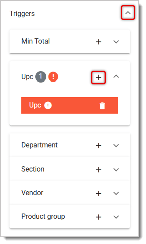 Image of the Trigger menu. The menu arrow and the Plus Sign button next to UPC are highlighted.