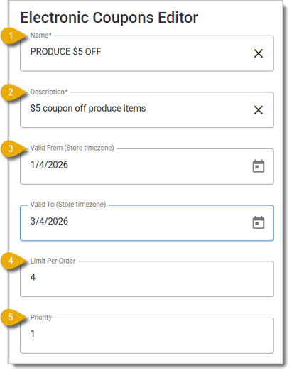 Image of the Electronic Coupons Editor. Numbers highlight different functions of this panel.