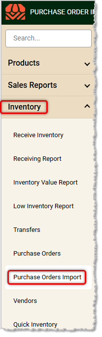 Image showing the Purchase Orders Import link in the Inventory menu of the IT Retail Back End.