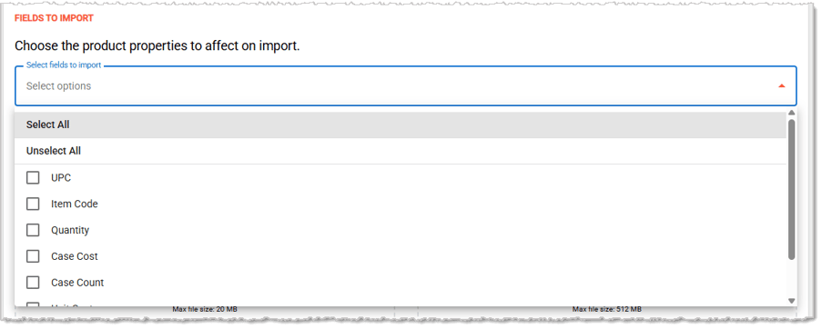 Image showing the Field Selection options for a Purchase Order Import in the IT Retail system's Back End.
