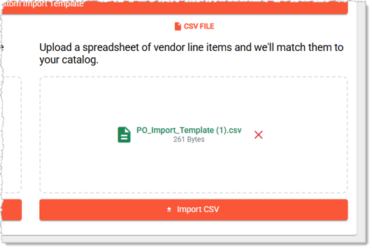Image showing an uploaded data file for a Purchase Order import in the IT Retail system back end.