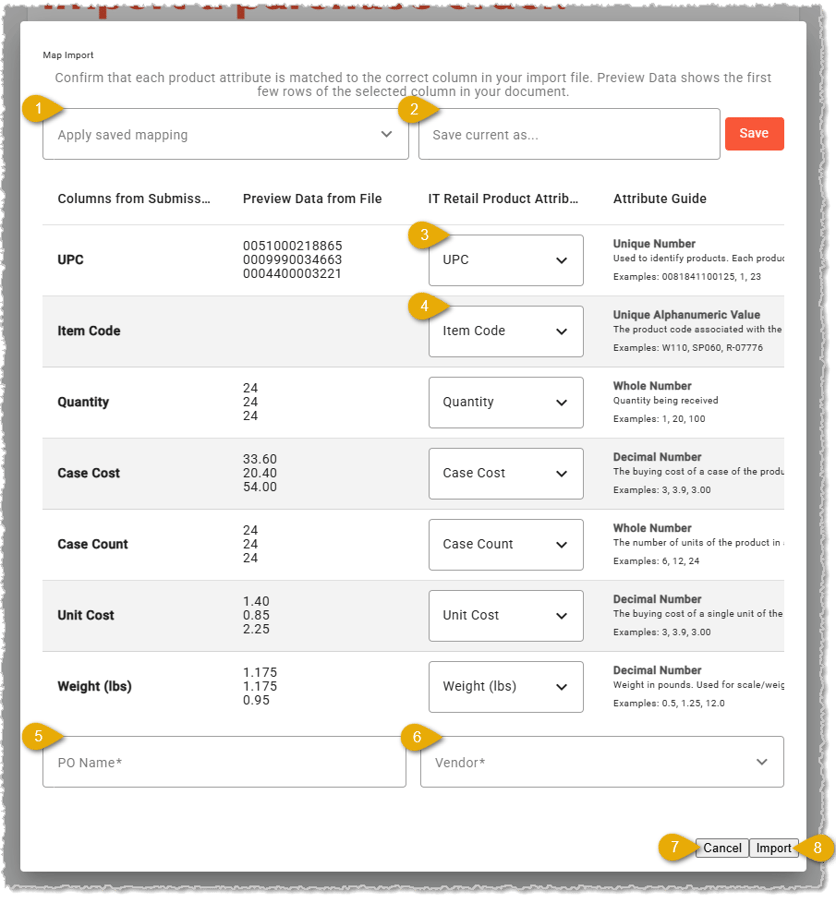 Image showing the data mapping for import template product data columns in the IT Retail system back end.