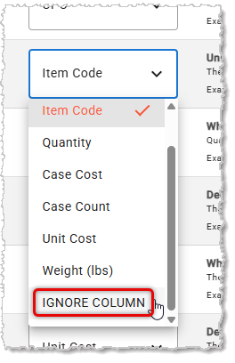 Image showing the Ignore Column option when mapping data for a Purchase Order import in the IT Retail system.