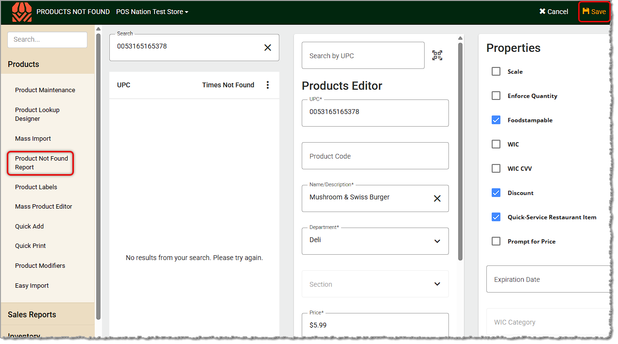 Image showing the Product Not Found Report in the Products menu of the system Back End.