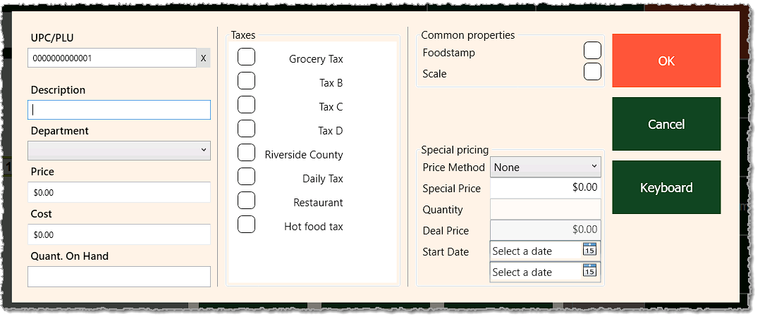 Image showing the Add/Edit Product window in the Manager Functions menu of the system Front End.