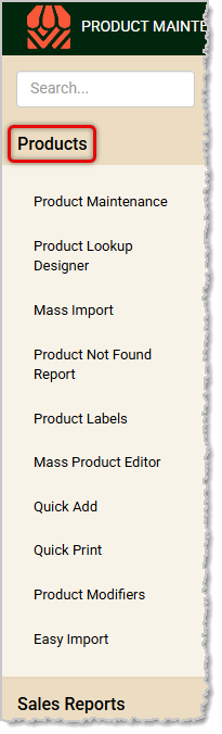 Image showing the Products menu of the POS system's Back End.