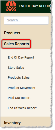 Image showing the Sales Reports menu of the POS system's Back End.
