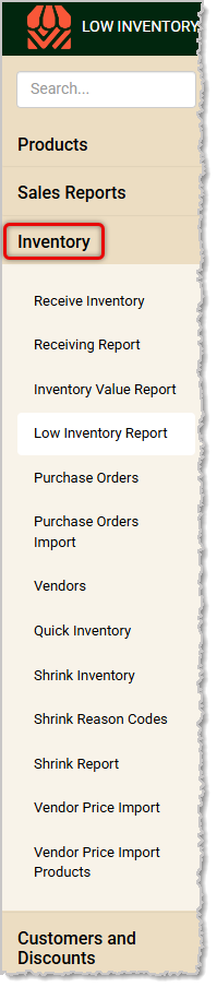 Image showing the Inventory menu of the POS system's Back End.