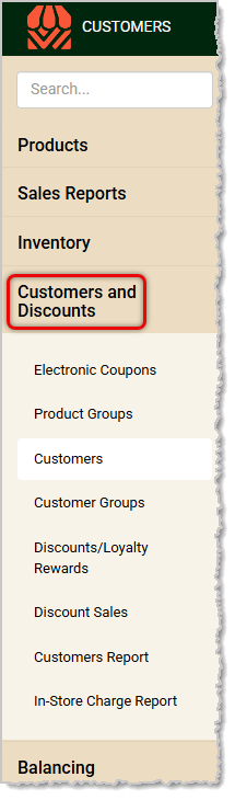 Image showing the Customers and Discounts menu of the POS system's Back End.