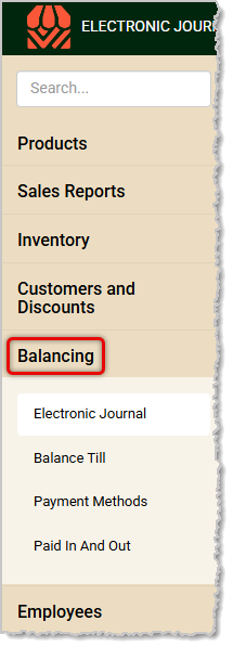 Image showing the Balancing menu of the POS system's Back End.