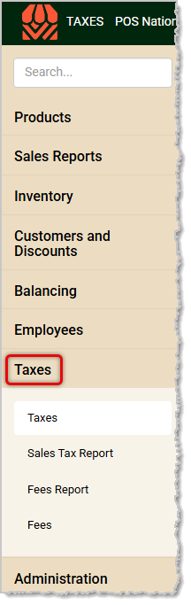 Image showing the Taxes menu of the POS system's Back End.