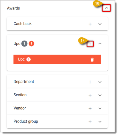 Image highlighting the Awards menu expansion button and the Plus Sign button for the UPC Award in the Back End.