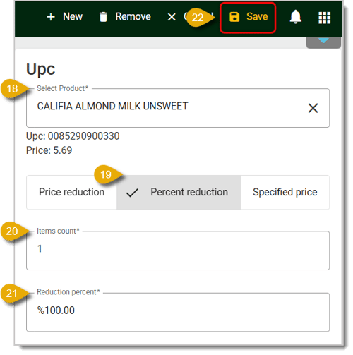 Image highlighting the fields in the UPC Award menu, located in the Back End. Numbers 18-22 highlight each field of this menu.
