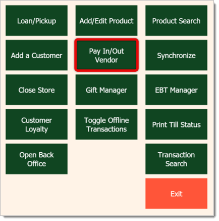 Image highlighting the Pay In/Pay Out button in the Manager Functions area of the Front End.