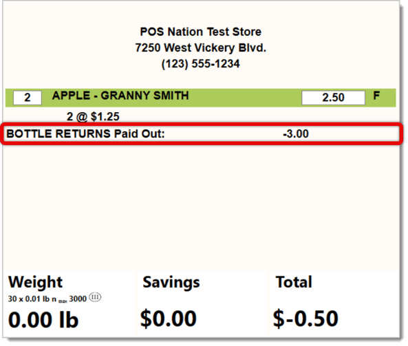 Image highlighting the Bottle Return Paid Out in an example transaction on the Front End.