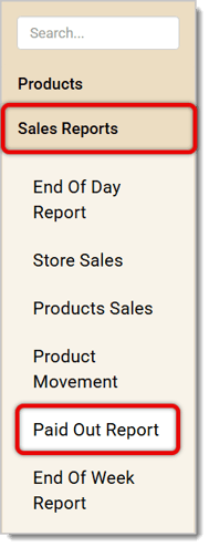Image highlighting the Sales Reports and Paid Out Reports options in the Back End main menu.