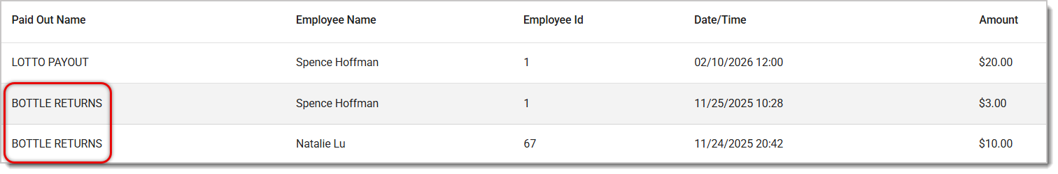 Image highlighting Bottle Returns in the Paid Out report in the Back End.