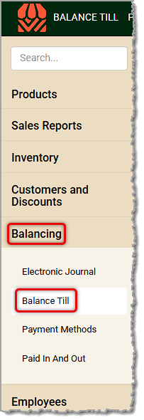 Image showing the Balance Till link in the Balancing menu of the system's back end.