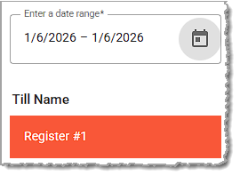 Image showing the Date Range filter for the Balance Till page of the Balancing menu of the system's back end.