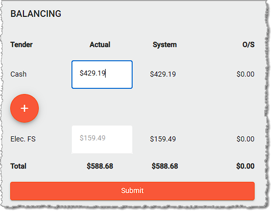 Image showing the Actual cash count field on the Balance Till page of the Balancing menu of the system's back end.