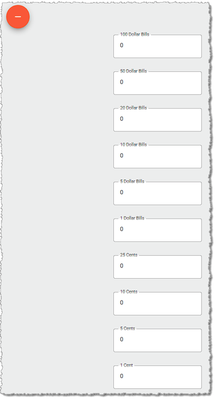 Image showing the bill and coin denomination fields on the Balance Till page of the Balancing menu of the system's back end.