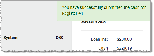 Confirmation message from the system that the cash count was successfully submitted in the Balance Till tool.