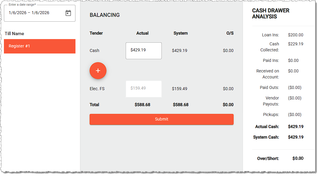 Image showing the Balance Till functions of the Balancing menu in the system's back end.