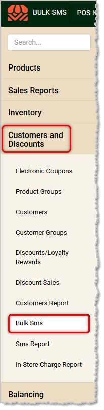 Image showing the Bulk SMS area of the Customers & Discounts menu in the system's main menu in the Back End.