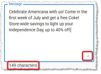 Image showing the Message field of the Bulk SMS page in the system's Back End.