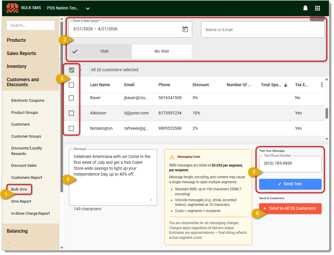 Image showing the steps to send a Bulk SMS message to customers in the system's Back End.