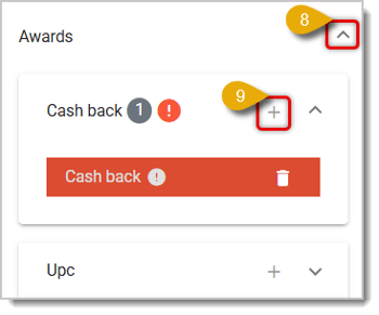 Image showing the Awards menu, with Cash Back selected.