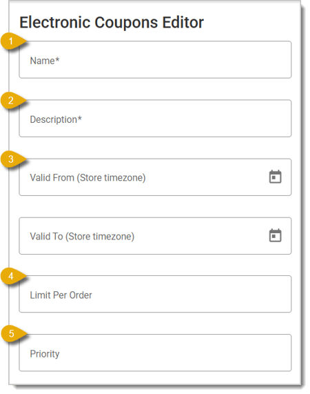 Image of the Electronic Coupons Editor. Numbers in this image highlight each function of this menu.