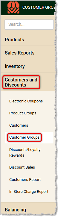 Image showing the Customer Groups link in the Customers and Discounts menu of the system's back end.