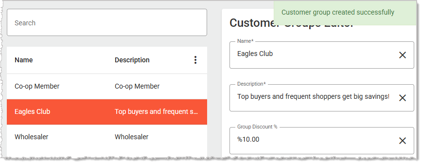 Image showing a successfully saved customer group in the system's back end.