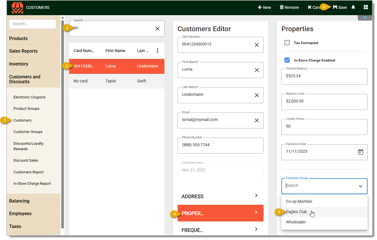 Image showing the steps to add a customer to a customer group in the system's back end.